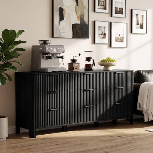 Image of Wodeer 9 Drawer Black Dresser for Bedroom, 62 inch W Wood Storage Cabinet with Fluted Design, Modern Chest of Drawers & TV Stand for Living Room, Nursery Clothing Organizer with Metal Slides, Anti-Tipping
