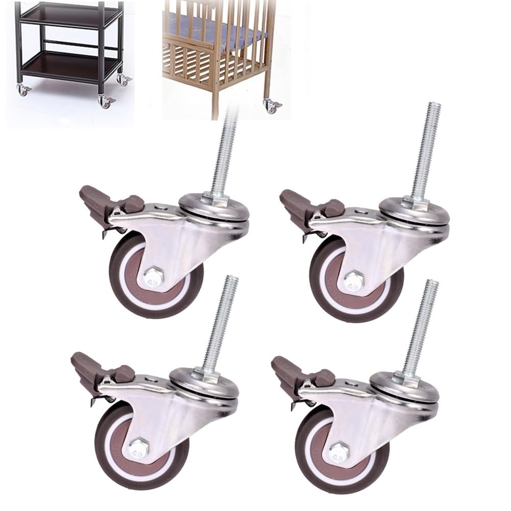 2-Zoll-Möbelrollen Mit Gewindeschaft, M8, Drehbar, 4Er-Set, Babybettrollen, Leise, Mit Bremse, Feststellbare Gummirolle, 150 Kg Tragkraft