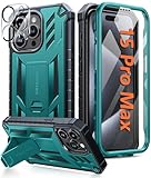 FNTCASE for iPhone 15-Pro-Max Case: Military Grade Drop Proof Rugged Protective Cell Phone Cover with Kickstand & Built-in Protector | Matte Textured Shockproof TPU Hybrid Bumper Cases (Green)