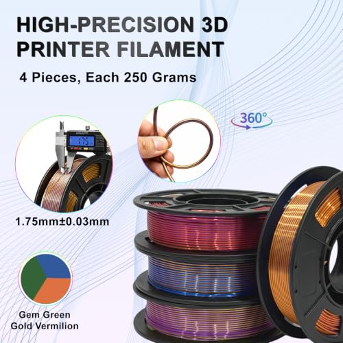 Image of Silk PLA+ 3D Printer Filament Bundle, 3-in-1 Coextruded Shiny Tricolor Filament 1.75mm, Shiny Multi Color Change, Smooth Multicolor PLA+ Filament for Most 3D Printers - 4 Spools 250g Each