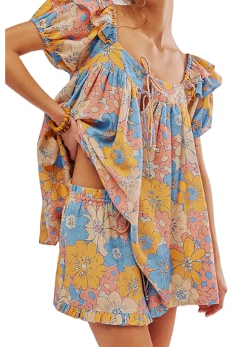 Women Floral Babydoll Tops 2 Piece Lounge Sets Square Neck Puffy Short Sleeves Peplum Shirt and Shorts Pajams Suits