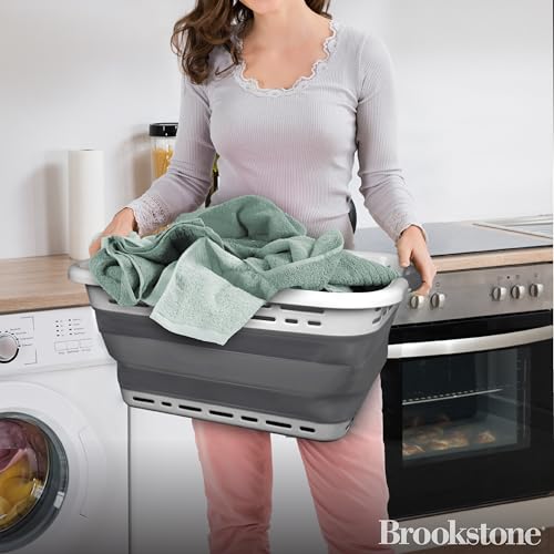 Image of BROOKSTONE 11 GALLON XL 24 inch Collapsible Laundry Basket & Clothes Hamper, Comfort Non-Slip Handles, Modern Laundry Hamper with Space Saving Design, Portable Pop-Up Hamper, BPA FREE, Light Grey, 1 Pack