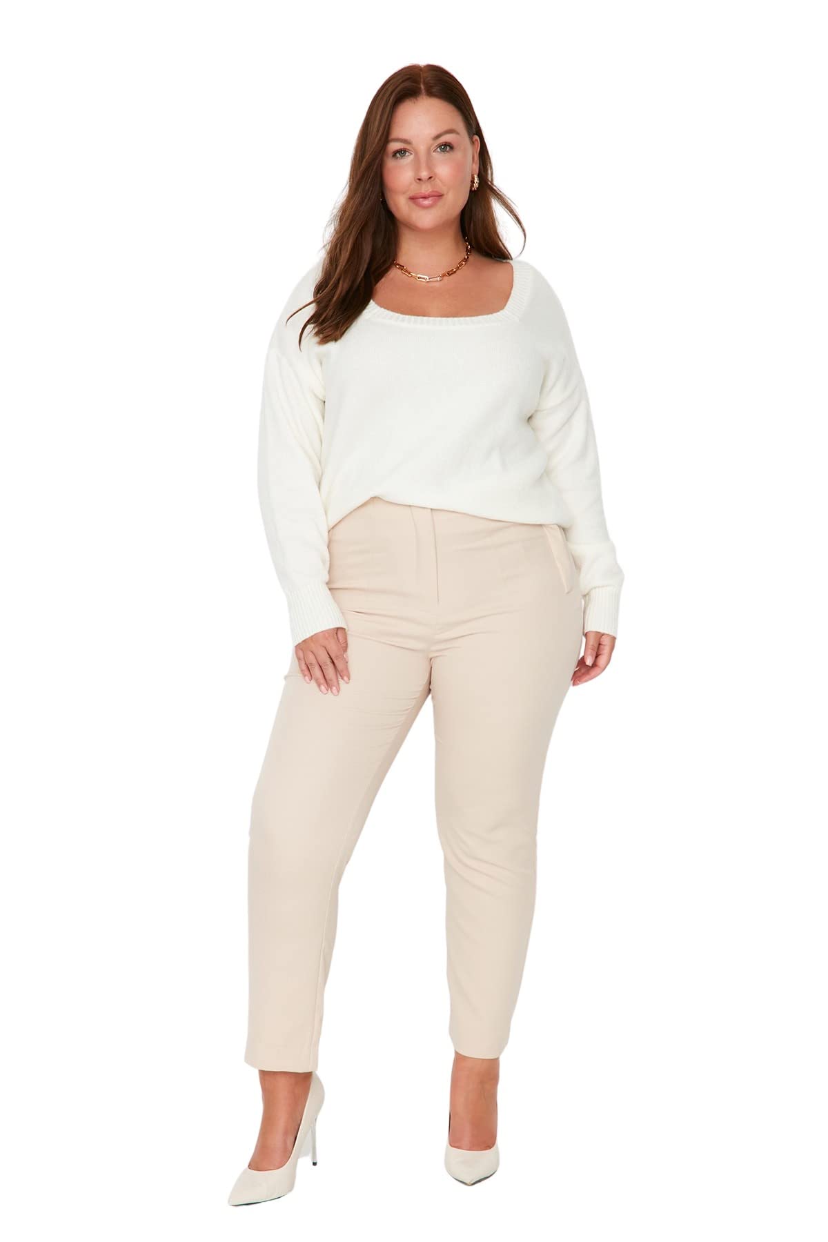 TRENDYOL Damen Plus Size High Waist Cigarette Pants Plus Size Pants Hose Täglich, Beige, 44