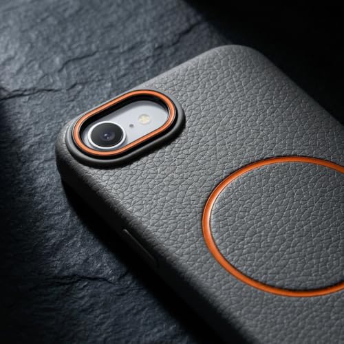 Image of amazon basics Luxury MagSafe Compatible Leather Texture Back Cover for iPhone 17E | Raised Camera Protection | Slim Fit Shockproof Case with Metallic Accents (Gray)