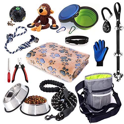 Puppy Starter Kit,15 Piece Dog Supplies Assortments,Set Includes:Dog Toys | Dog Essentials | Puppy Training Supplies | Dog Grooming Tool | Dog Leashes Accessories | Feeding & Watering Supplies