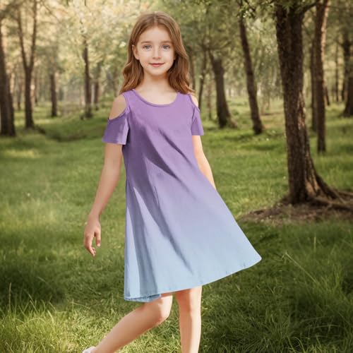 Girl's Cold Shoulder Gradient Flowy Casual Dress Summer Boho Loose A-Line Swing Midi Dresses with Pockets for 3-14 Years4