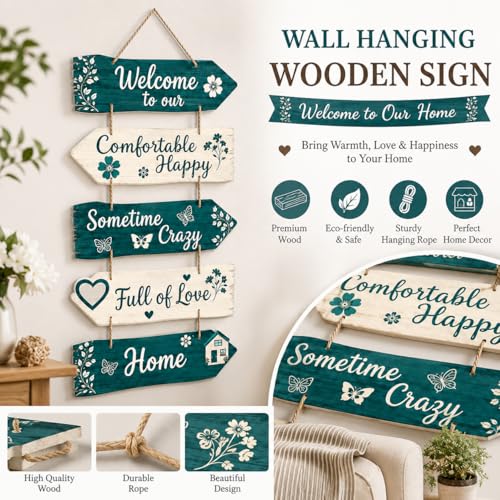 Image of Dakshestry Artworks Welcome Wooden Wall Hanging Sign | Rustic Home Decor Plaque with Inspirational Quotes | Hanging Wooden Sign Board for Living Room, Entryway, Bedroom, Office & Housewarming Gift