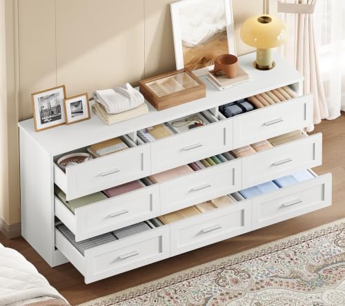 Image of TEENFON 57.1 inchW White Dresser for Bedroom, Modern 9 Drawer Dresser with Metal Handles, Wood Dressers & Chest of Drawers, Wooden Closet Clothes Storage Organizer for Bedroom, Living Room, Hallway, White