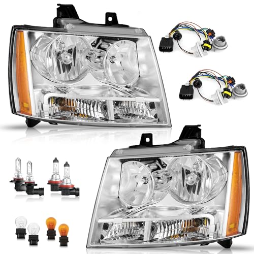 WEELMOTO Headlight for 2007-2013 Avalancha/Suburban 2500 2008-2013 Tahoe Hybrid 07-14 Tahoe 1500 2012-2014 Tahoe SSV Headlamp Chrome Housing Clear Left+Right Side