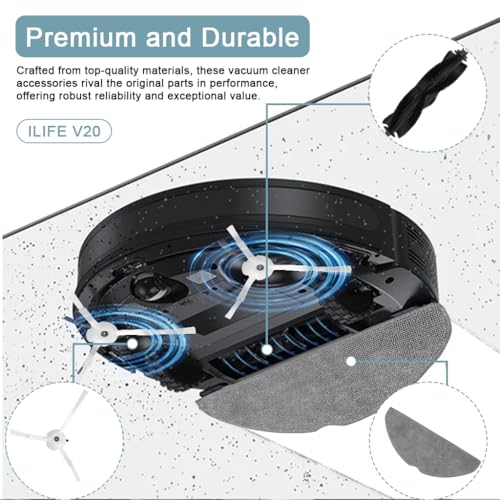 Image of HASTHIP 8Pcs Replenishment Kit, Replacement Parts for ILIFE V20 Robot Vacuum Cleaner, Replacement Accessories with 1 Main Roller Brush, 3 Side Brushes, 2 Mop Cloth, 2 Filters - Cleaning Tools