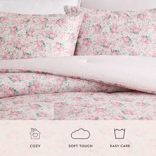 Laura Ashley - Twin Bonus Comforter Set, Reversible Bedding with a Naturally Soft Feel, 5 Piece Bed Set with Matching Pillowcases, Euro Shams, & Throw Pillow Covers (Pamelas Posies/Pretty Stripe Pink) by Laura Ashley - Used condition - Image 6