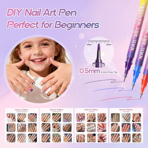 Image of dabria Nail Art Pens for Painting Nails 12 Colors Nail Art Markers Set with 0.5 mm Fine Tip, Instructions Included, Nail Doodle Pens for Girls Kids Women (Standard)