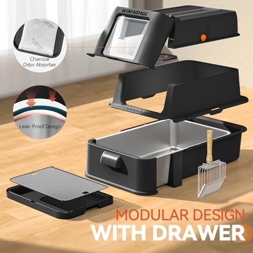 Image of Wooaidagg Enclosed Stainless Steel Cat Litter Box with Odor Control, Modular Design with Drawer and Flip Door, Easy to Clean and Wash,Non-Stick Interior,Extra Large Size Fits All Cats(Black)
