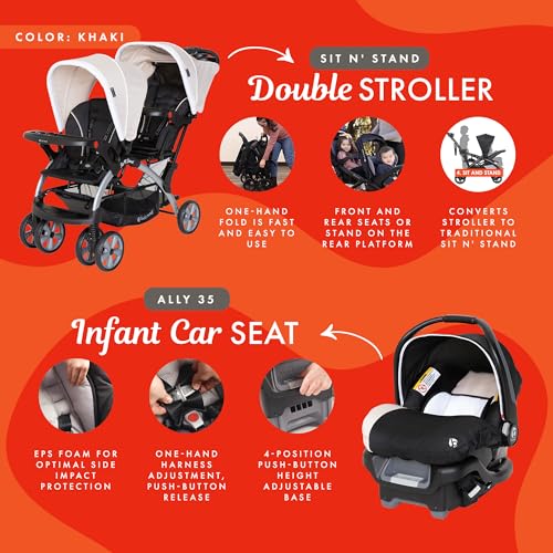 Image of Baby Trend Infant and Toddler Double Stroller & 2 Car Seat Combo, 3 Pc Set, Khaki - Portable and Lightweight Stroller Duo and Car Seat Travel System Tandem