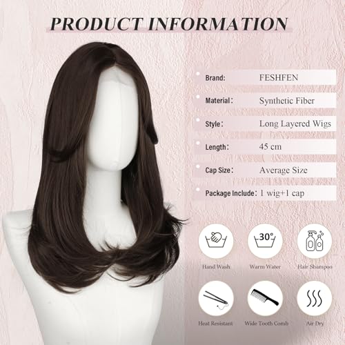 Image of FESHFEN Lace Front Hairline Wigs with Bangs, Synthetic Natural Looking Long Layered Straight Hair Wig for Women Daily Party Costume, 18 inch Natural Black