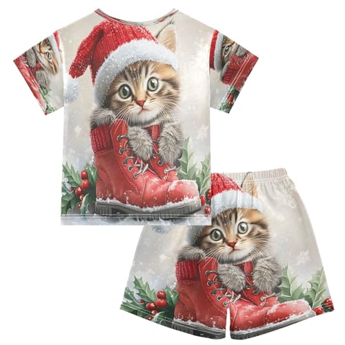 ALAZA Cat Christmas Hat Winter New Year Pajamas Set Short Sleeve Cotton Sleepwear Summer Pjs 2 Piece 5-14Y2