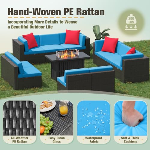 Image of Greesum Patio Furniture Sets 11-Pieces Outdoor PE Rattan Sectional Sofa w /43in Gas Fire Pit Table 55000 BTU Add Warmth to Gatherings Parties On Deck Garden Backyard,Blue
