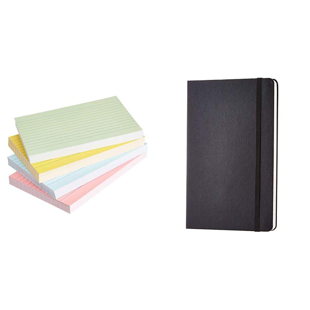 Amazon BasicsA6 Ruled Index Cards - Assorted Colours (Pack of 200) & Classic Notebook, Ruled 240 Pages, Large (12.7x21cm)