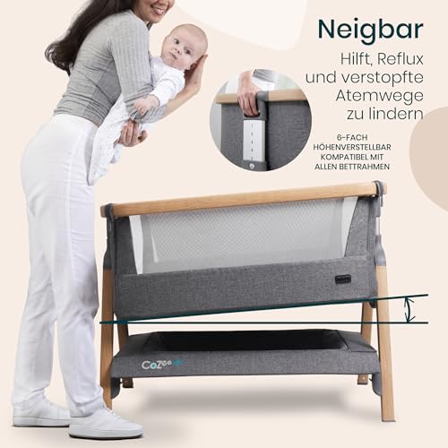 Tutti Bambini CoZee® Air Beistellbett Baby & Baby Reisebett mit Matratze - Kompakt faltbar mit Tasche - Atmungsaktive Matratze & 6-fache Höhenverstellung - 0-6 Monate (Eiche & Anthrazit)