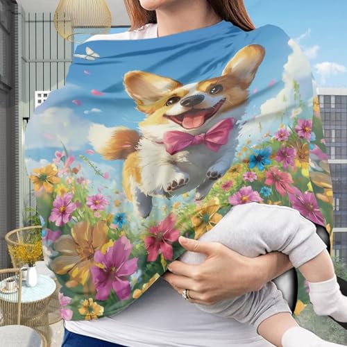 Image of Nursing Breastfeeding Cover Infant Stroller Canopy Blanket Cute Corgi, Shopping Cart Cover for Baby Car Seat Cover Canopy Easy to Install