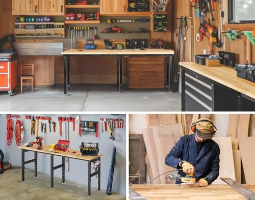 Image of 84 inch Adjustable Height Workbench, 2000 LBS Heavy Duty Table Rubber Wood Workstation with Power Outlet & Pegboard for Garage, Office, Workshop, Home,Commercial