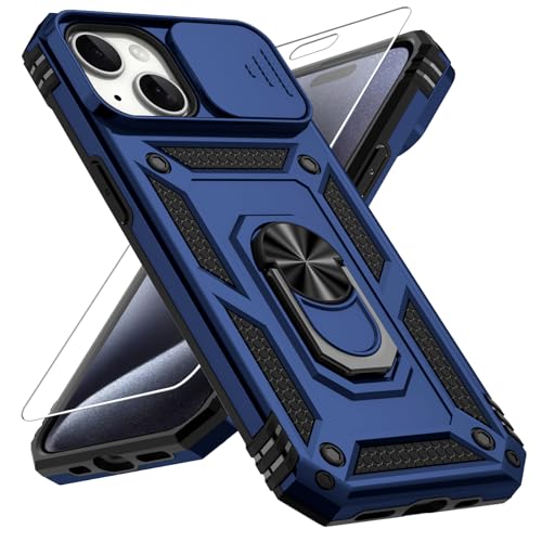 Vinve for iPhone 15 Plus Case, Slide Lens Cover, HD Screen Protector, Military Grade Drop Protection, Magnetic Rotated Ring Holder Kickstand Protective Phone Case (Navy Blue)