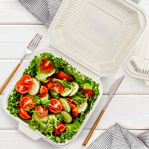 HeloGreen [100 Count] Eco Friendly Take Out Food Containers, (8\"x8\", 1-Compartment) - Non Soggy, Leak Proof, Disposable To Go Containers, Boxes, Made From Cornstarch - Microwave Safe - Thumbnail 6