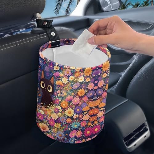 Image of Colorful Floral Cat Car Trash Can Collapsible Waste Basket Bin Multipurpose for Car Hanging Portable Garbage Bin Universal