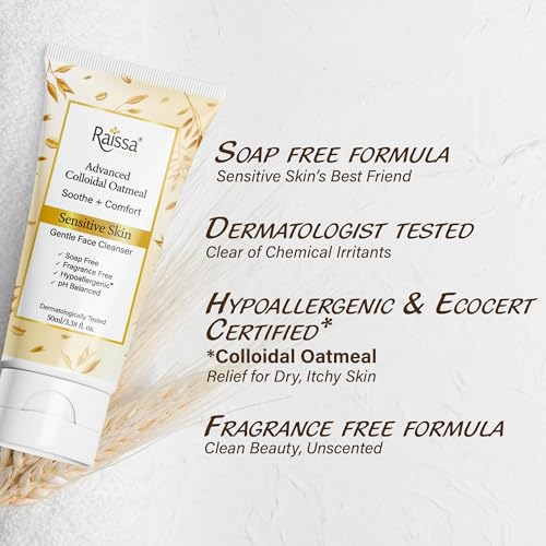 Image of Raissa Colloidal Oatmeal Face Wash Cleanser for Sensitive Skin, 50ml | Hypoallergenic, Fragrance Free, pH Balanced Silicone Free | For Men & Women