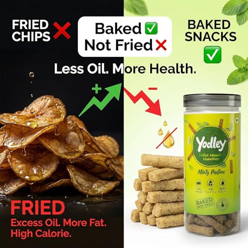 Image of Yodley Millet Masala Munchies - Minty Pudina Flavour | Baked, Not Fried | No Maida, No Palm Oil | Zero Cholesterol | Zero Trans Fat & High In Fiber | Calcium & Iron Rich | Healthy Indian Snack - 150gm
