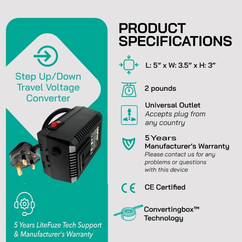 Miniatura 8 de LiteFuze, convertor de voltaje altobajo para viaje. Cable EE.UU.