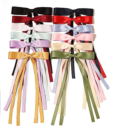 LFOUVRE Bow Hair Clips and Barrettes - 12pcs Ribbon and Tassel Accessories for Women's Hair