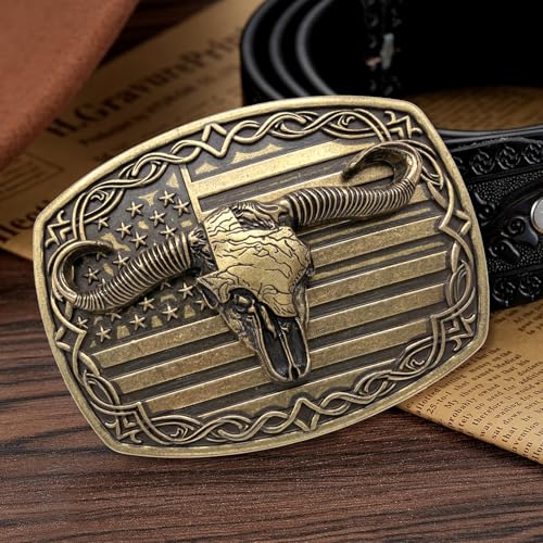 Image of HUABOLA CALYN Long Horn Bull Belt Buckles for Men Women American Flag Texas Star Belt Buckles