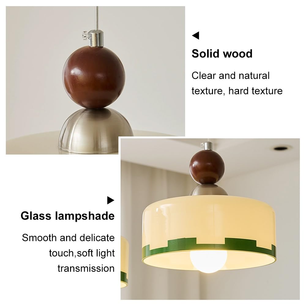 Wisząca lampa z 3 światłami Kremowy szklany klosz z zieloną krawędzią Szczegóły drewna orzechowego Niklowa metalowa podstawa Regulowany sznur do zawieszenia E27 Opuszczana lampa sufitowa