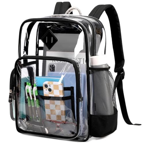 ASKSKY Large Clear Backpack for School, Heavy Duty PVC Transparent Bookbag for Men Women Stadium Events See Through Back Pack Fits 16 inch Laptop for College Work Travel, Black