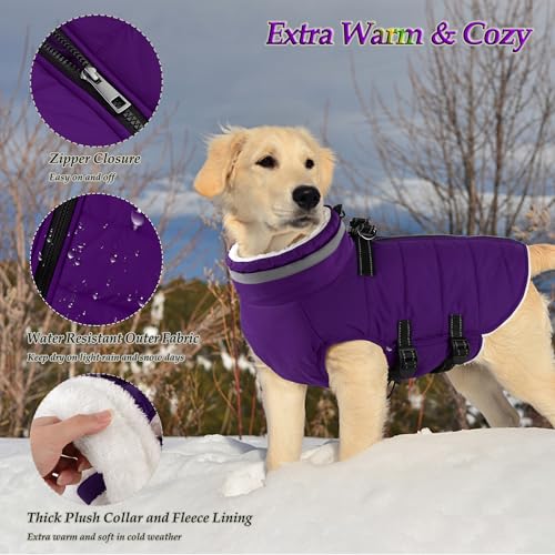 Image of Dogcheer Dog Coat with Harness, Waterproof Dog Fleece Jacket - Purple,XS