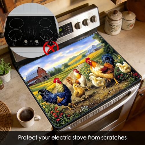 Image of Nuxovilar Farm Rooster Stove Top Cover, 20.47x28.34 Inches Polyester Mat | Cooktop mat kitchen decor glass cooktop cover gas cooktop protector for kitchen, apartment countertop (Farm rooster print)