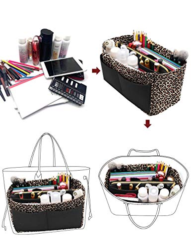 Image of LEXSION Felt Purse Bag Organizer Insert with zipper Bag Tote Shaper Fit Speedy Neverful PM MM, 1-B-LeopaBd, X-Large