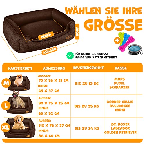 Lovpet® Hundebett Hundekissen Hundekorb Chiller, Inkl. Napf + 3X Kauknochen, Hundesofa Kissen für Kleine, Mittelgroße & Große Hunde, Bezug abnehmbar und waschbar, L 90 x 75 x 25 cm Braun