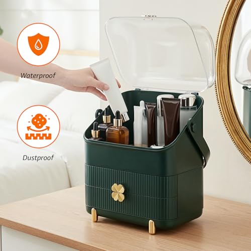 Image of Amazon Basics Glossy HIPS+PS Cosmetic Storage Organizer | 28 x 18 x 36 cm | 3 Compartments | Waterproof & Dustproof Lid | Green