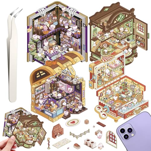 DIY 3D House Stickers, 4 Set Fun DIY Stickers Scene Make Your Own Warm Home, Supermarket, Coffee Shop, Music Bar, Cute 3D Cartoon Scene Stickers for Adult Kids Relief Stress Pass The Time (XM4.0)