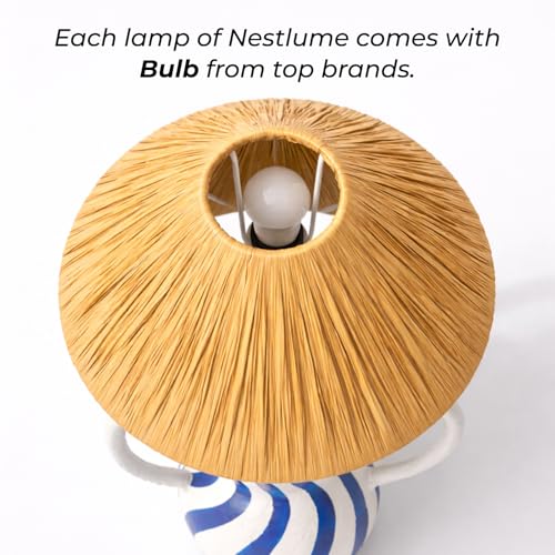 Image of Handcrafted Bedside & Living Room Table Lamp | Handpainted Paper Mache | Natural Raffia Shade | E27 Holder with Bulb Included | Accent Light, Decor Lamp for Bedroom, Study & Home Decor