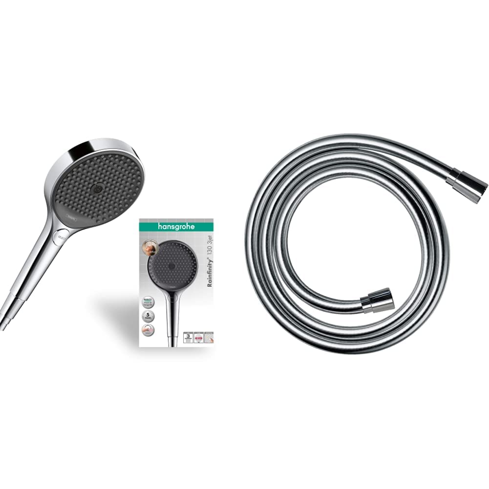 hansgrohe Rainfinity Ducha de mano 130, 3 tipos de chorro, PowderRain, cromo, 26864000 & Isiflex Flexo de ducha 1,60m, cromo, 28276000