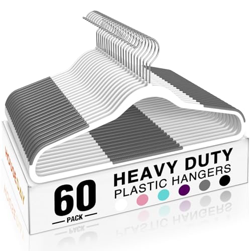HOUSE DAY Non Slip Plastic Clothes Hangers 60 Pack with Rubber Pads, White