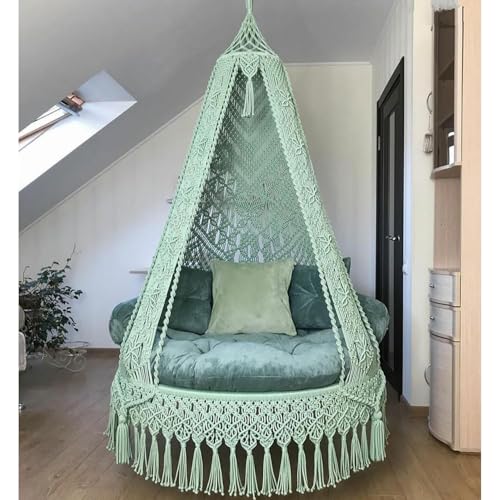 Image of Macrame Hanging Chair Swing with Cushion | Handmade Boho Hammock Chair for Adults & Kids | Indoor Outdoor for Balcony, Living Room, Bedroom, Patio & Garden (Olive Green)