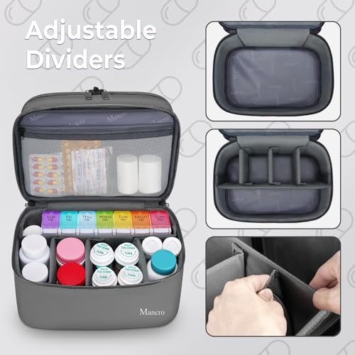 Image of Mancro First Aid Bag Empty with Lockable Zipper, Dual Layers Pill Bottle Organizer Storage for Home, Medication Travel Bag for Pills, Vitamins, Emergency Supplies, Travel, Grey