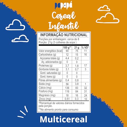 Papapá, Cereal infantil, Petit Cereal, Milho/Cevada/Quinoa/Avêia e arroz, 170g, Caixa, Laranja