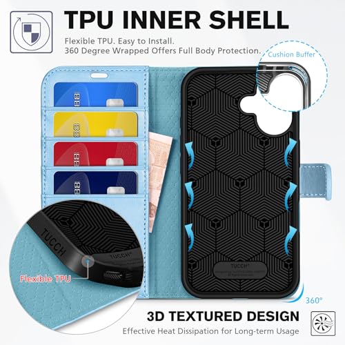 TUCCH Wallet Magnetic Flip Card Case for iPhone 16 6.1", Pearly Light Blue by TUCCH - Used condition - Image 5