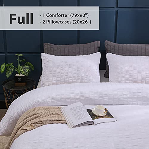 Luckybull Seersucker Comforter Set 3 Pieces Full Bed Comforter Set 100% Soft Washed Microfiber Lightweight Bedding Set For All Seasons, White 79''X90'' #TOP6
