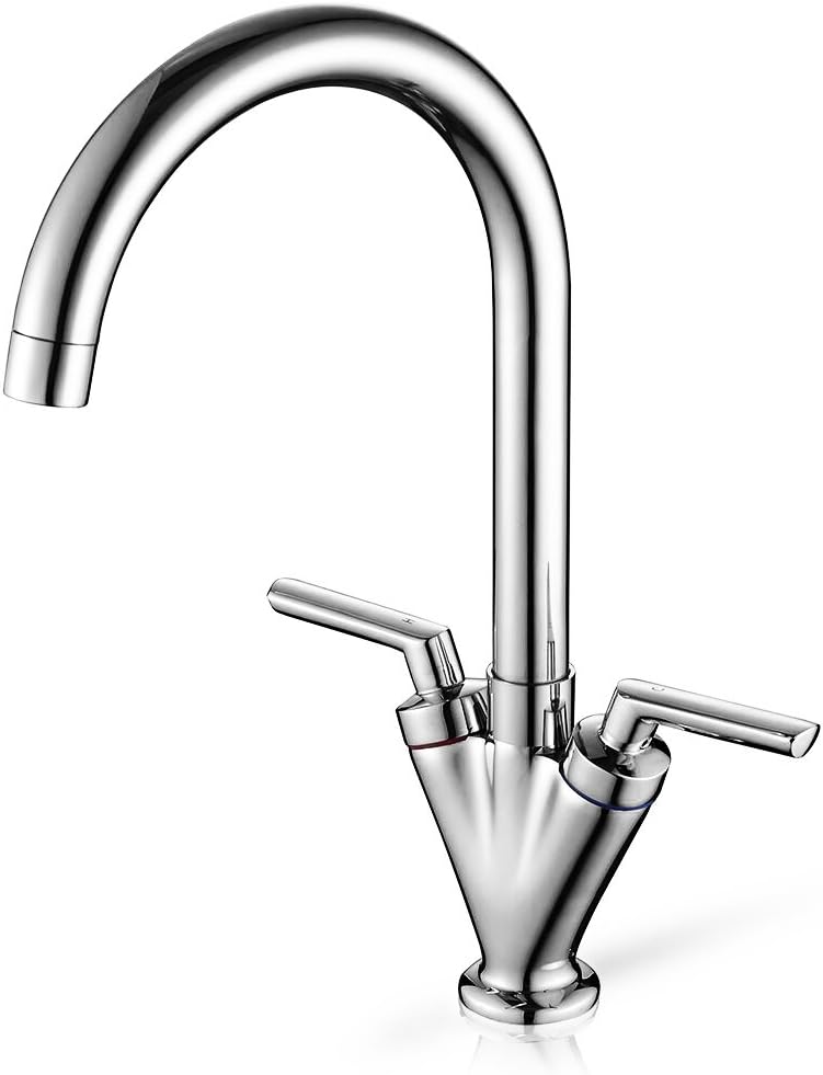 Damoyar Kitchen Sink Washbasin Hot&Cold Mixer Tap Brass Fitting with UK Standard Fittings, Single Hole Dual Lever Swivel Spout Chrome Faucet Monobloc Tap K017